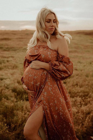 We Are Reclamation Autumn Meadow Satin Gown: Elasticated Off The Shoulder Maternity Dress Hire