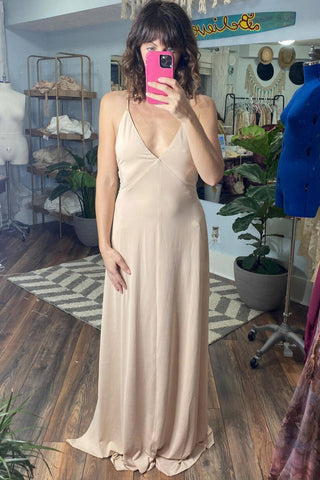 Maternity Dress Hire: We Are Reclamation Bliss Slip - Elegant Plunge Neckline Slip Dress - Low Backline Slip Dress