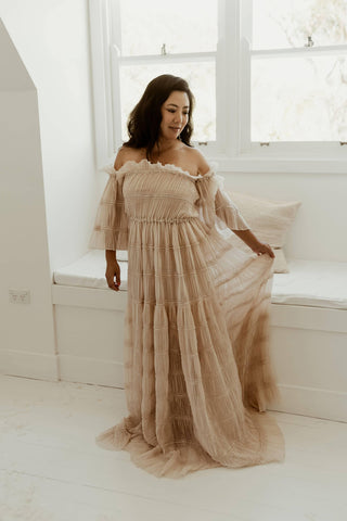 Reclamation Gown Rental - We Are Reclamation Chiffon Delight Gown - Beige - Maternity Dress Hire Australia