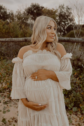 Soft Pleated Chiffon Maternity Gown - We Are Reclamation Chiffon Delight Gown - Beige - Maternity Dress Hire