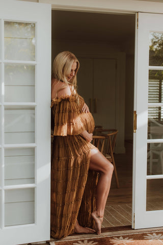 Elegant Off the Shoulder Design- Maternity Dress Hire - We Are Reclamation Chiffon Delight Gown - Caramel - Caramel -Coloured Gown Hire Australia