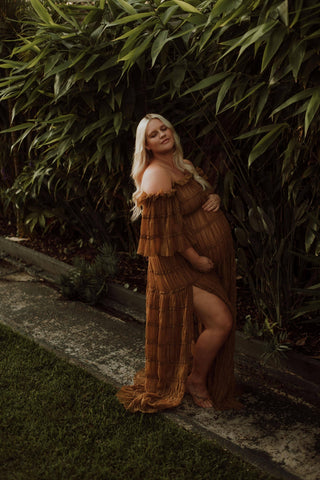 Side Split Chiffon Maternity Gown - Maternity Dress Hire - We Are Reclamation Chiffon Delight Gown - Caramel - Caramel-Coloured Gown Hire Australia