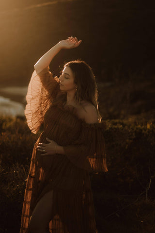 Soft and Flowy Chiffon Maternity Gown for Photoshoots - We Are Reclamation Chiffon Delight Gown - Caramel - Caramel -Coloured Gown Hire Australia