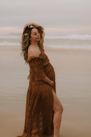 Chiffon Maternity Photoshoot Gown - We Are Reclamation Chiffon Delight Gown - Caramel - Maternity Dress HIre - Caramel - Maternity Dress Hire - Reclamation Gown Rental