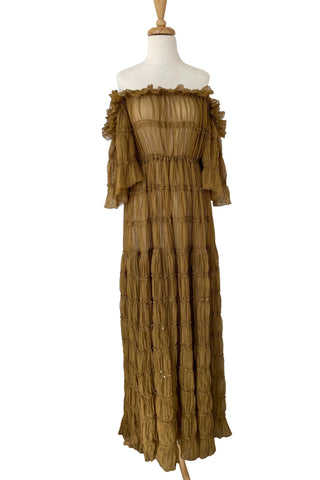 Customizable Fit with Elasticated Shoulders and Waist Gown Hire - Maternity Dress Hire - We Are Reclamation Chiffon Delight Gown - Caramel - Off the Shoulder Maternity Gown for Photoshoots - Sheer Maternity Gown with Side Split