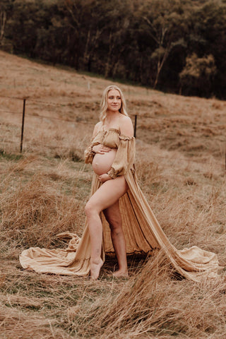 Mustard Linen Gown Australia: Maternity Dress Hire with Dreams Like These Three Piece Gown