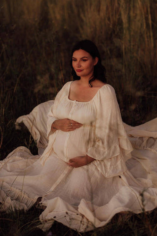 Maternity Dress Hire - We Are Reclamation Ruffle Me Open Gown, Elasticated Waist, Button Front