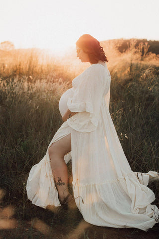 Maternity Dress Hire - We Are Reclamation Ruffle Me Open Gown Buttercream - Beautiful buttercream coloured linen gauze, wear with or without a nude strapless slip.