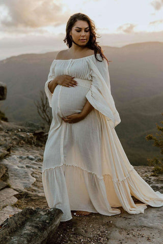 Maternity Dress Hire - We Are Reclamation Ruffle Me Open Gown Buttercream - Linen gauze gown with elasticated waist and shoulders, buttons all the way down the front for a bump-friendly look.