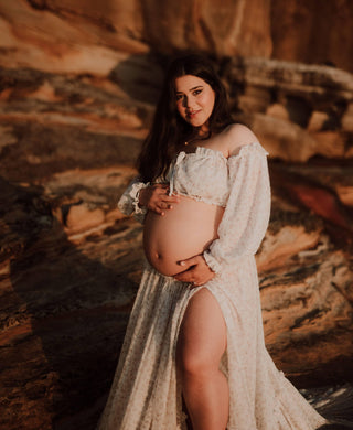 Delicate Floral Print Maternity Dress: Hire Now - We Are Reclamation There’s Nothing Quite Like You Two Piece Floral Gown - Reclamation Gown Rental Australia