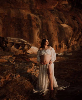 Nude-Coloured Bra Friendly Maternity Dress Hire - We Are Reclamation There’s Nothing Quite Like You Two Piece Floral Gown - Reclamation Gown Rental Australia