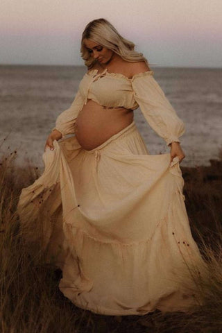 Beige Goddess Look Maternity Dress Hire - We Are Reclamation There Is Nothing Quite Like You Two Piece Gown - Reclamation Gown Rental Australia