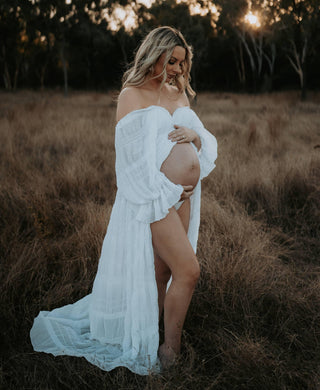 Off the Shoulder Maternity Dress Hire with Split Long Hem - White Lotus Tulle Maxi Dress