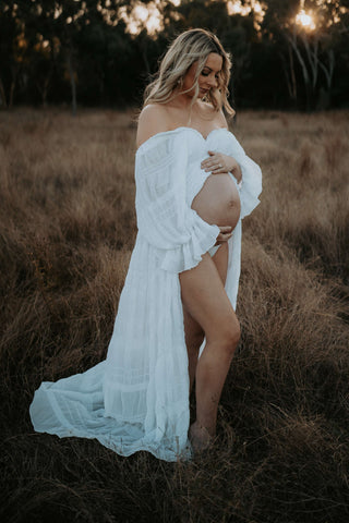 Off the Shoulder Maternity Dress Hire with Split Long Hem - White Lotus Tulle Maxi Dress