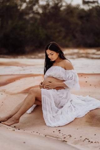 White Lotus Tulle Maxi Two Piece Set: Maternity Dress Hire - Off the Shoulder Maternity Photoshoot Dress with Split Long Hem