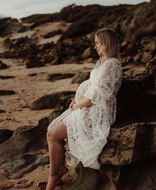 Maternity Dress Hire with Bell Sleeves: Zale The Label Daphne White Lace Maxi Dress