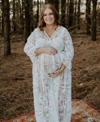 Elastic Waist Lace Maternity Dress Hire - Zale The Label Daphne White Lace Maxi Dress