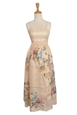 Zimmermann Halliday Scallop Midi Dress in Cream Watercolour Floral - A cream watercolor floral midi dress from Zimmermann Halliday Scallop