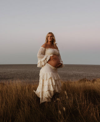 The Boho Shed Wild Heart Two Piece Dress: Ruffled Maxi Skirt Maternity Dress Hire