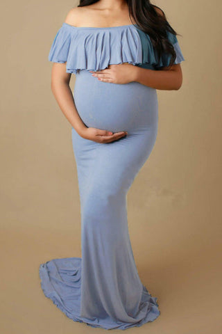 Mama Rentals Isabel Off the shoulder ruffle maternity dress in dusty blue