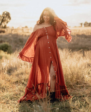 Maternity Dress Hire - We Are Reclamation Ruffle Me Open Gown - Rust - Elasticated waist and shoulder, wear on or off the shoulder, perfect for showing off your bump.