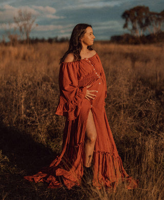 Maternity Dress Hire - We Are Reclamation Ruffle Me Open Gown Rust - Unlined, pair with our Nude Strapless Slip if desired, suitable for plus-size ladies.