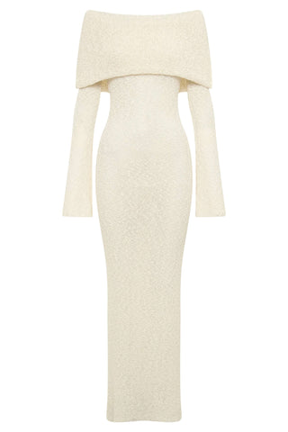 Meshki Off Shoulder Boucle Maxi Dress - Ivory Dress for Hire