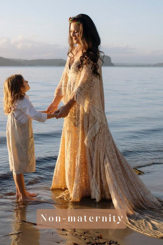 We Are Reclamation Magic Maker Gown - Dark Ivory: Handmade Vintage French Lace Family Photoshoot Gown Hire - One Size Family Photoshoot Gown Hire - Unlined Lace Family Photoshoot Gown Hire - Magical Family Photoshoot Gown Hire - Plus size Friendly Family photoshoot Gown Hire - Adjustable Size Family Photoshoot Gown hire - Size Inclusive Family Photoshoot Gown Hire - Boho Lace Family Photoshoot Gown - Bohemian Gown for family photoshoots - Boho style gown hire