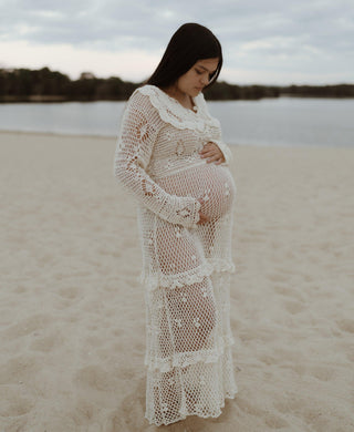 Off-White Cream Maternity Dress Hire - Chasing Unicorns Wishing You Were Here Crochet Maxi Dress Cream