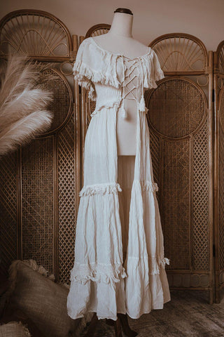 The Boho Shed Wanderlust Kimono: Maternity Dress Hire - Fringe Sleeves Off the shoulder Kimono