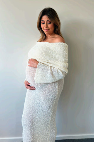 Meshki Marisol Off Shoulder Boucle Maxi Dress
