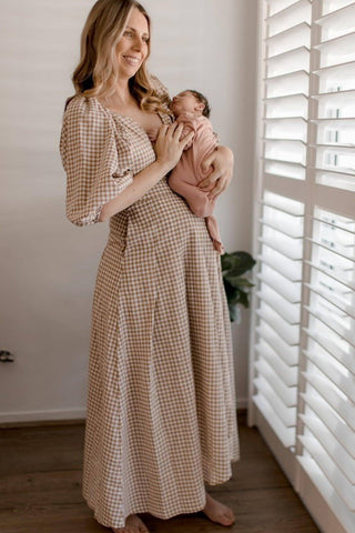 Bird and Kite Eloise Gingham Dress - For Sale - Wrap Dress Maternity Dress Hire with Side Pockets