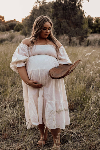 Maternity Dress Hire - Bird and Kite Isabella Dress in Rose Milk - Puff-sleeved and tiered skirt design, perfect for plus-size ladies (XL fits AUS 14-20).