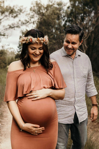 Bloom Maternity Monaco Off The Shoulder Maxi - Copper-Hued Maternity Dress Hire for Photoshoots and Baby Showers