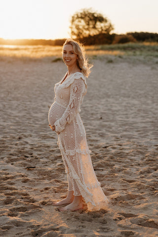 Maternity Dress Hire - Chasing Unicorns Wishing You Were Here Crochet Maxi - Exquisite hand crocheted gown, elegant 1970s inspired shape, perfect for maternity and beyond.