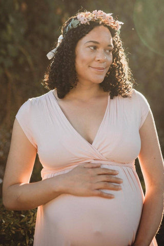 Chelsea Cotton Maternity Maxi Dress - Blush Pink: V-Neckline Maternity Dress Hire - Baby Shower Dress Hire Australia