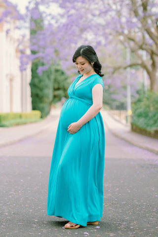 Chelsea Cotton Maternity Maxi Dress - Teal: Maternity Dress Hire with adjustable back tie - Bump Friendly Dress Australia