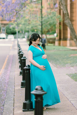 Chelsea Cotton Maternity Maxi Dress - Teal: V-Neckline Maternity Dress Hire - Baby Shower Dress Hire Australia