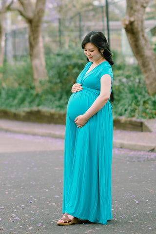 Chelsea Cotton Maternity Maxi Dress - Teal - For Sale: Size L Maternity Dress For Sale - Baby Shower Dress For Sale