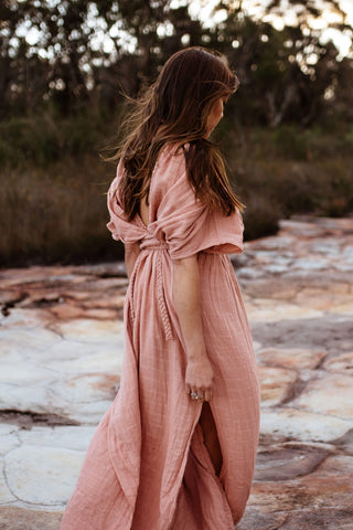 Pink Dress Hire - Organic Cotton Gauze Maternity Dress Hire - Chic Le Frique Ophelia Maxi Dress - Family Photoshoot Dress Hire
