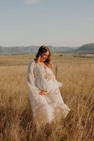 Cinched Waist Maternity Dress Hire - Co & Ry Audrey Dress for Rent, 70's Bell Sleeves