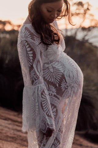 Maternity Dress Hire - Co and Ry Everly Wrap Dress - Versatile dress or robe with flared sleeves and intricate lace details.