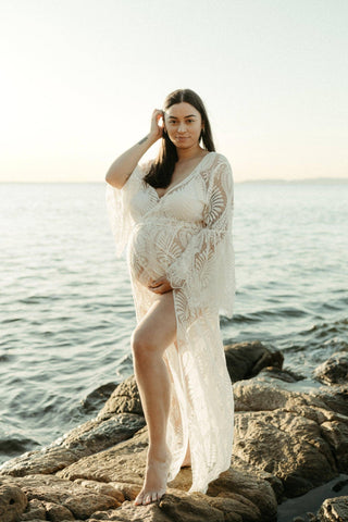 Maternity Dress Hire - EVERLY WRAP DRESS - 70's inspired sleeve and modern bohemian lace design, perfect for all body shapes with a wrap design.