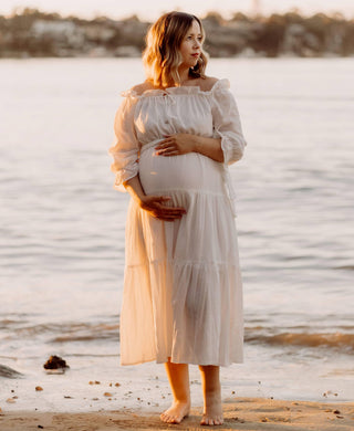 Flowy Maternity Dress Hire - Co and Ry Goldie Maxi - White - 3 Tiered Skirt Maternity Dress