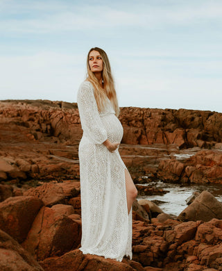 Co and Ry Harriet Maxi Maternity Dress Hire - Elegant Sheer Lace Gown for Photo Shoots and Occasions
