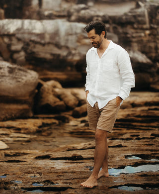 Stylish White Shirt Pairing with Organic Linen Drawcord Shorts - Men's Outfit Hire for Photoshoots: Country Road Organic Linen Drawcord Shorts