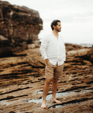 Versatile Men's Linen Shorts for Photoshoots and Events - Men's Outfit Hire for Photoshoots - Country Road Organic Linen Drawcord Shorts