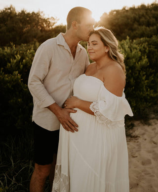 Maternity Dress Hire - Coven & Co Juliet Gown: Whimsical Bohemian Design, Perfect for Maternity Photos and Baby Showers, Off-Shoulder Option, 100% Viscose + Cotton Lace