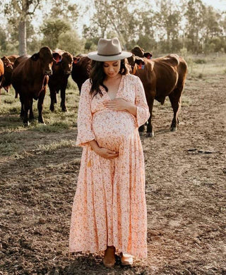 Elegant Peach Maternity Dress Hire - Coven & Co Posie Gown