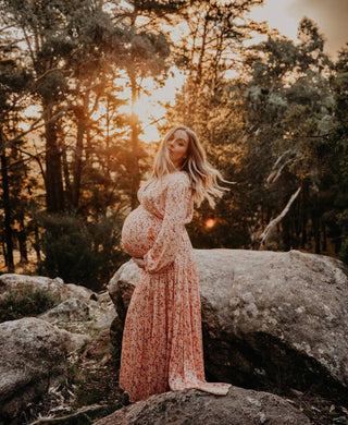 Peach Floral Maternity Dress Hire - Coven & Co Posie Gown - Available in all sizes from XS to XL, perfect for maternity and beyond.